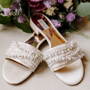 BADGLEY MISCHKA pearl and rhinestone slide sandals